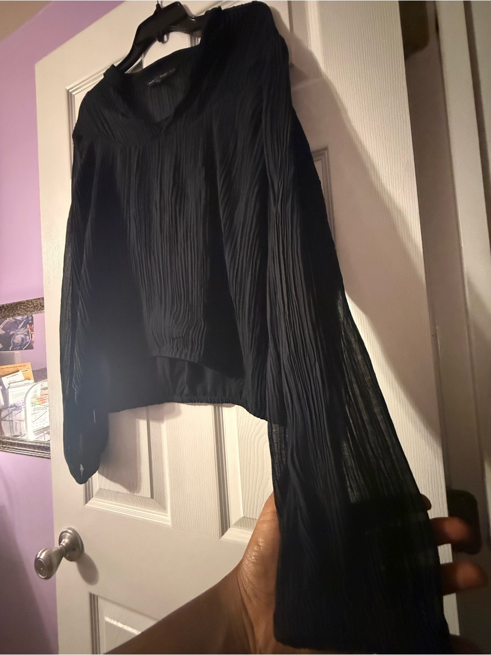 White House Black Market Black Pleated V-Neck Long Sleeve Blouse - Picture 5 of 6